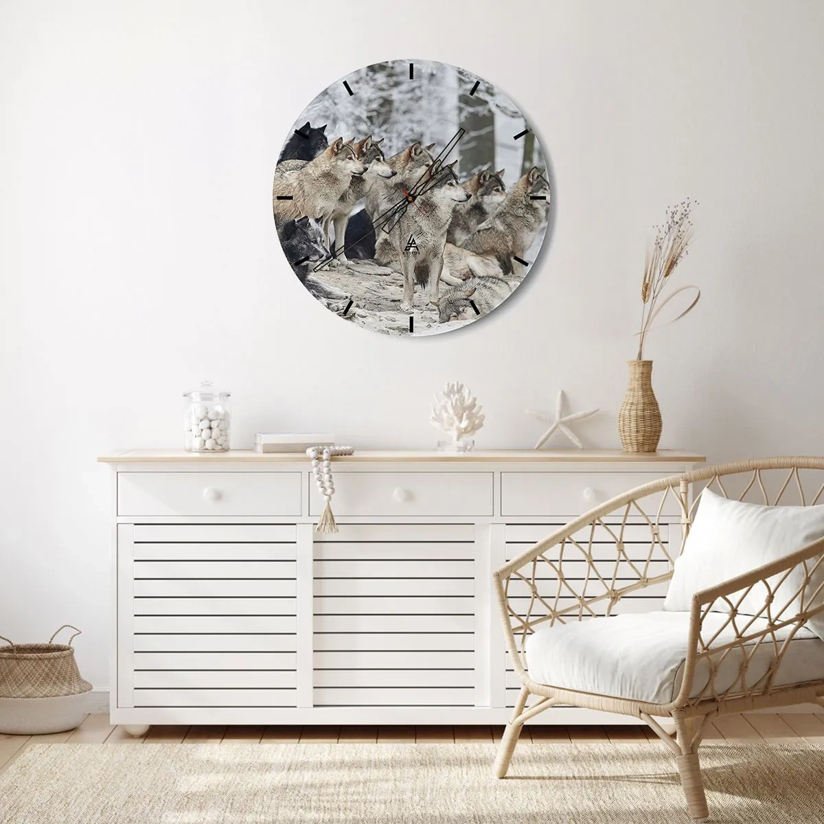 Ceas de perete - Ceas pe sticlă - O haită de lupi într-o pădure de iarnă, într-un cadru natural - 30x30cm - Familie și prieteni - Decorațiune modernă pentru perete pentru living, bucătărie și dormitor ARTTOR