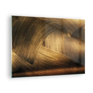 Tablou pe sticlă - O pictură abstractă care înfățișează linii geometrice aurii pe un fundal - 70x50cm - Într-un labirint de aur - Decorațiune modernă pentru perete pentru living și dormitor ARTTOR