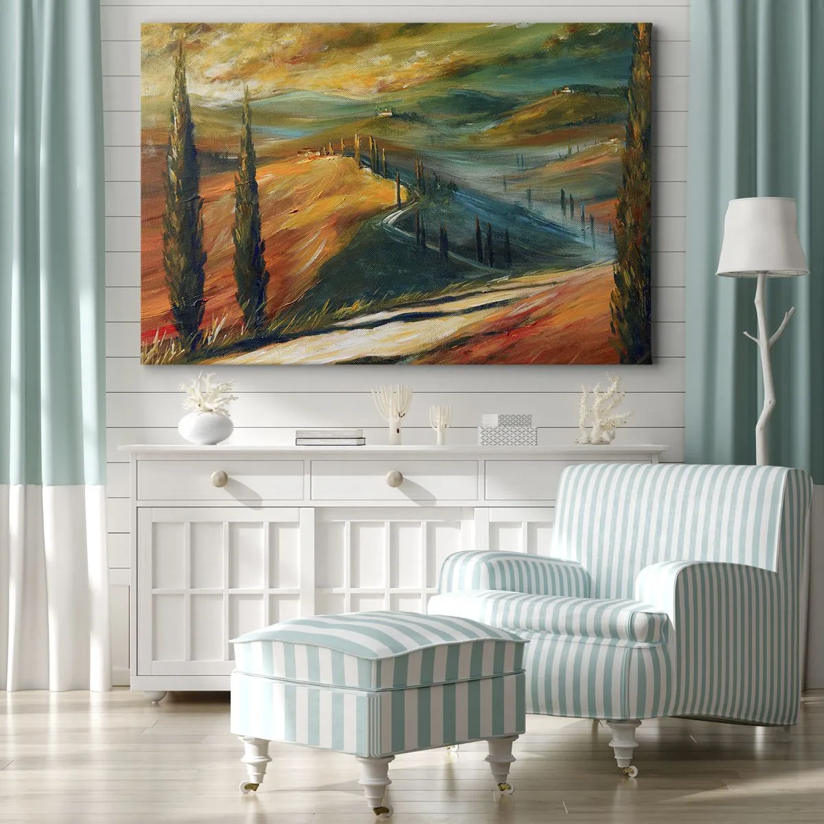 Tablou pe pânză Canvas - Peisaj toscan cu câmpuri, drumuri și chiparoși - 70x50cm - Peisaj toscan - Decorațiune modernă pentru perete pentru living și dormitor ARTTOR