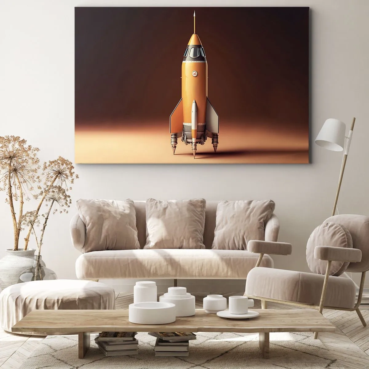 Tablou pe pânză Canvas - O rachetă în stil retro pe un fundal de tonuri de maro - 70x50cm - Totul începe cu un vis - Decorațiune modernă pentru perete pentru living și dormitor ARTTOR