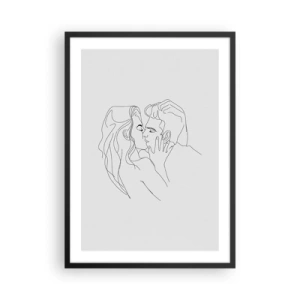 Poster în ramă neagră - Un desen animat minimalist cu un cuplu care se sărută. - 50x70cm - Cu aceeași linie - Decorațiune modernă pentru perete pentru living și dormitor ARTTOR
