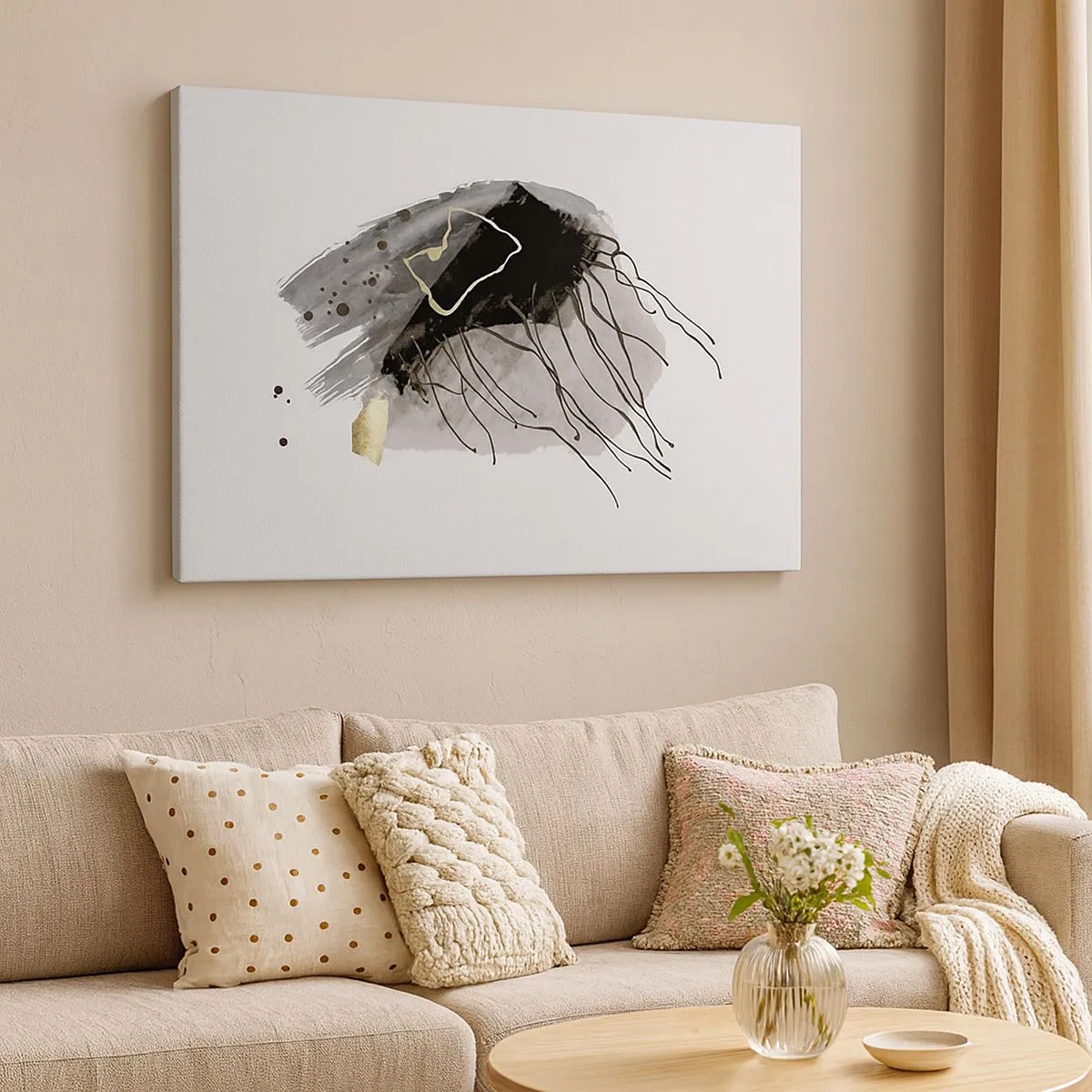 Tablou pe pânză Canvas - O compoziție abstractă cu accente de negru și auriu. - 70x50cm - Negru și aur - Decorațiune modernă pentru perete pentru living și dormitor ARTTOR