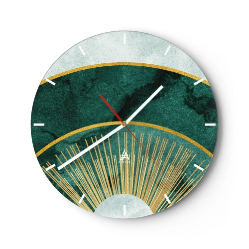 Ceas de perete - Ceas pe sticlă - Grafică verde și aurie cu raze care amintesc de un răsărit de soare - 30x30cm - Un alt sistem solar - Decorațiune modernă pentru perete pentru living, bucătărie și dormitor ARTTOR