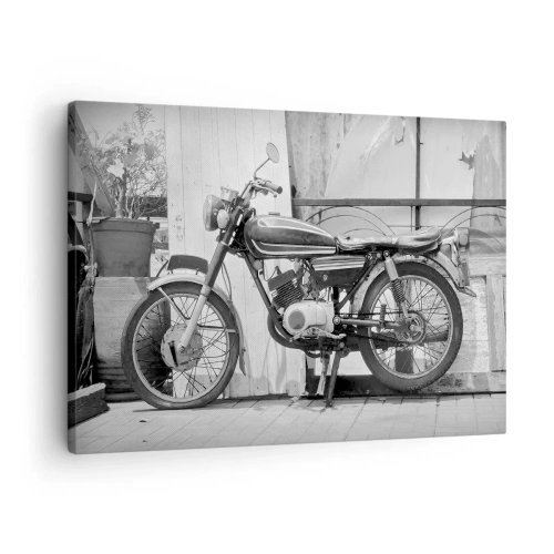 Tablou pe pânză Canvas - Fotografie alb-negru a unei motociclete clasice - 70x50cm - Clasicul înainte de toate - Decorațiune modernă pentru perete pentru living și dormitor ARTTOR