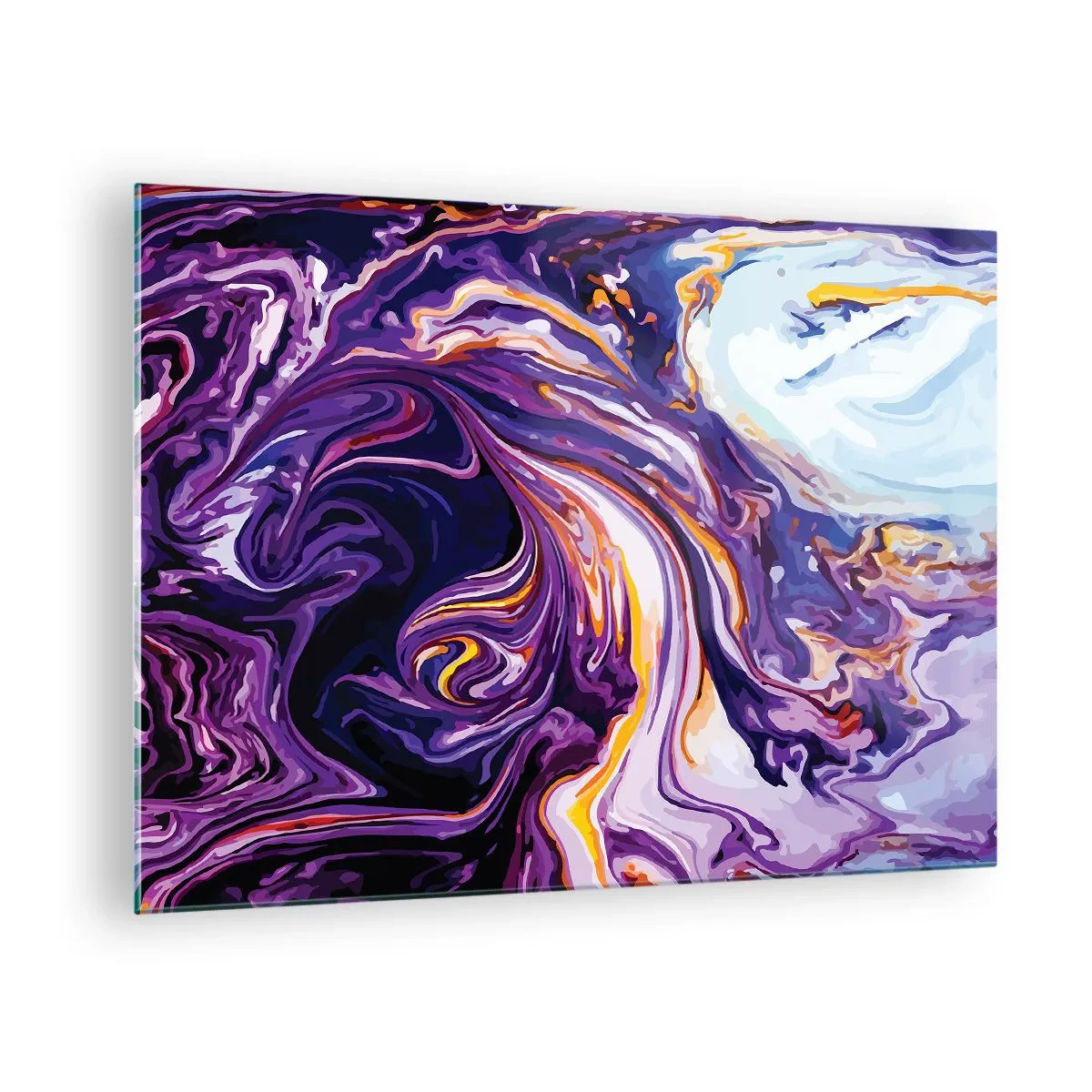 Tablou pe sticlă - Model abstract în nuanțe de violet și alb cu linii dinamice - 70x50cm - Îndoirea spațiului în mov - Decorațiune modernă pentru perete pentru living și dormitor ARTTOR