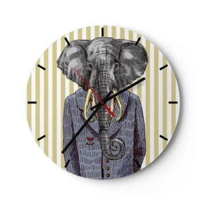 Ceas de perete - Ceas pe sticlă - Un desen elegant al unui elefant în costum pe un fundal de dungi verticale. - 30x30cm - Elegant prin natură - Decorațiune modernă pentru perete pentru living, bucătărie și dormitor ARTTOR