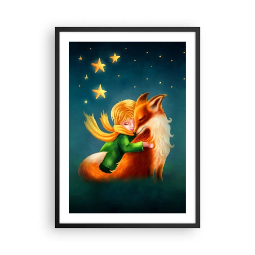 Poster în ramă neagră - O figură cu o vulpe într-un decor magic de stele - 50x70cm - Micul Prinț - Decorațiune modernă pentru perete pentru living și dormitor ARTTOR