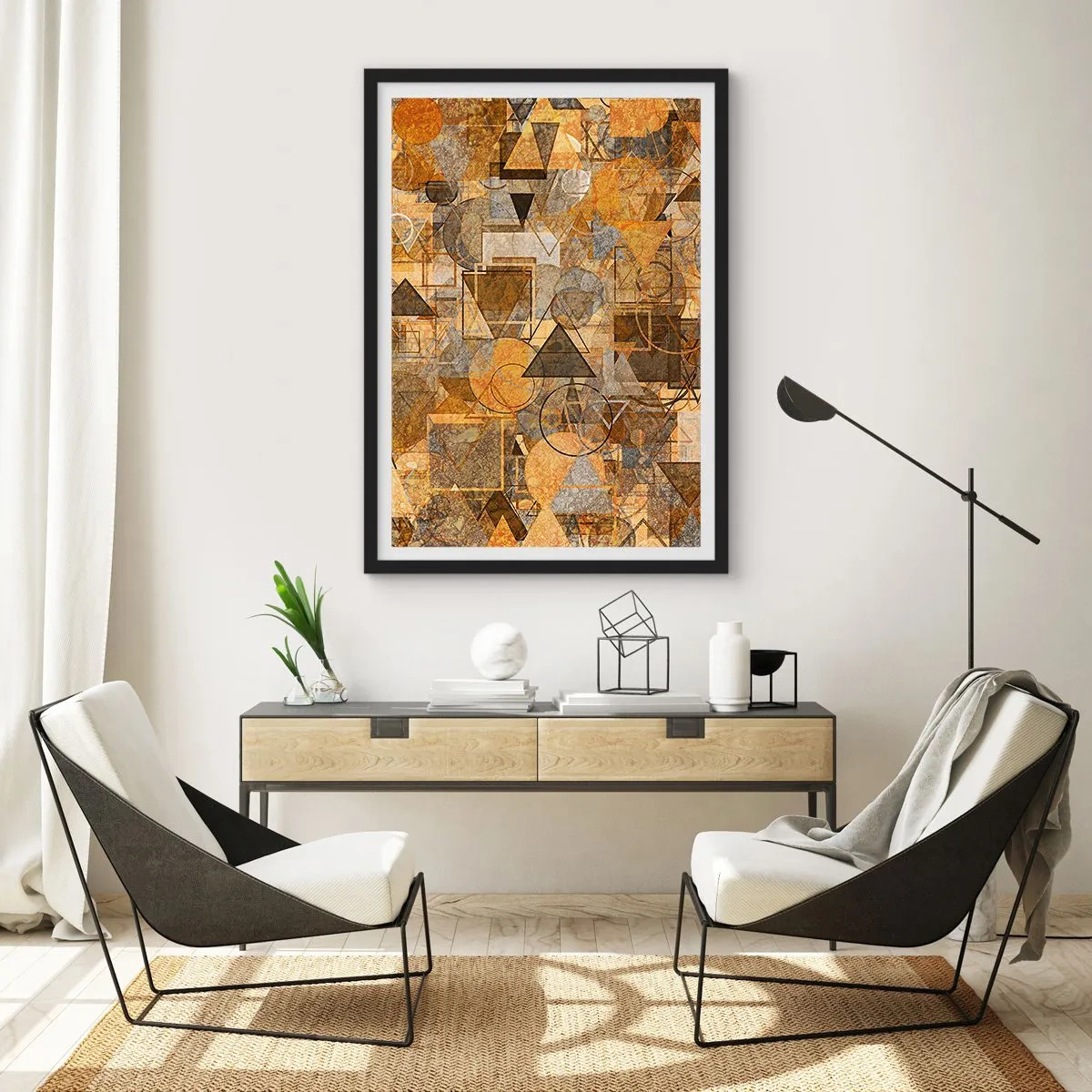 Poster în ramă neagră - Compoziție geometrică abstractă aurie - 50x70cm - Lumea băgată în formă - Decorațiune modernă pentru perete pentru living și dormitor ARTTOR