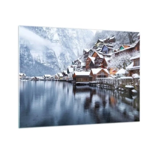 Tablou pe sticlă - Un sat de munte lângă un lac, acoperit de zăpadă într-un peisaj de iarnă - 70x50cm - În decor de iarnă - Decorațiune modernă pentru perete pentru living și dormitor ARTTOR