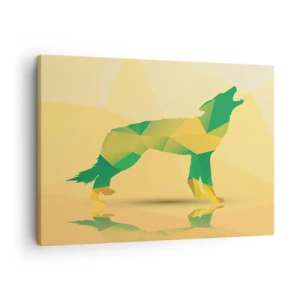 Tablou pe pânză Canvas - Siluetă geometrică de lup în nuanțe de verde și galben - 70x50cm - Lupul singuratic - Decorațiune modernă pentru perete pentru living și dormitor ARTTOR