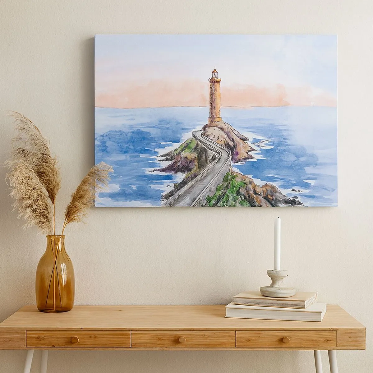 Tablou pe pânză Canvas - Un far pe un țărm stâncos - 70x50cm - Cu fața la mare - Decorațiune modernă pentru perete pentru living și dormitor ARTTOR