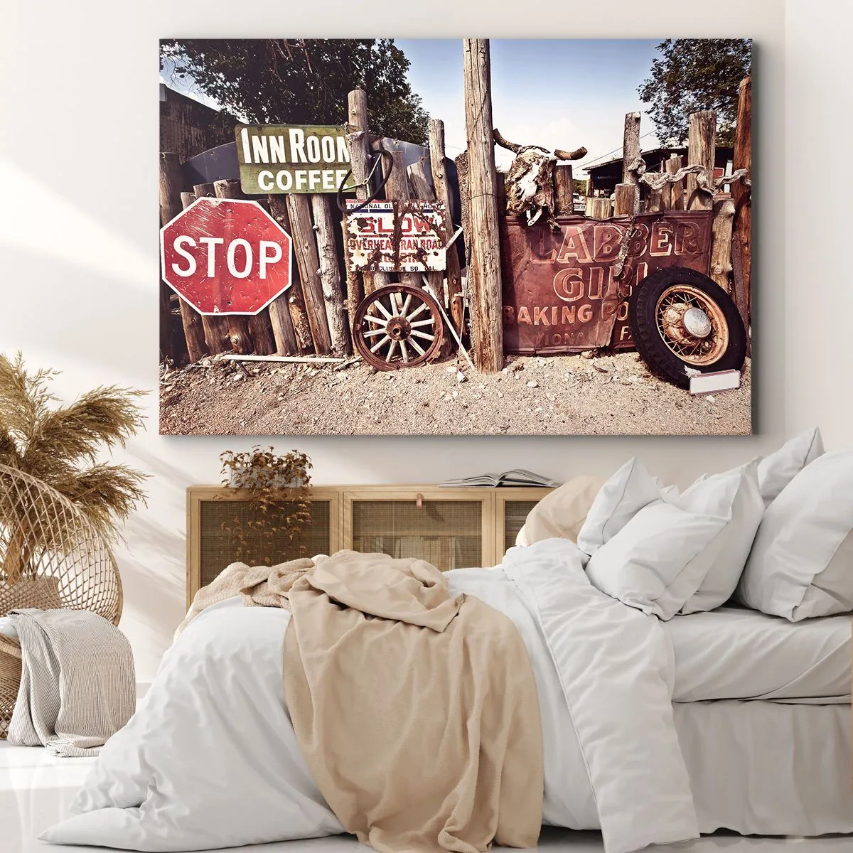 Tablou pe pânză Canvas - Decorațiuni rustice cu semne și o roată pe gard - 70x50cm - Iar timpul s-a oprit - Decorațiune modernă pentru perete pentru living și dormitor ARTTOR