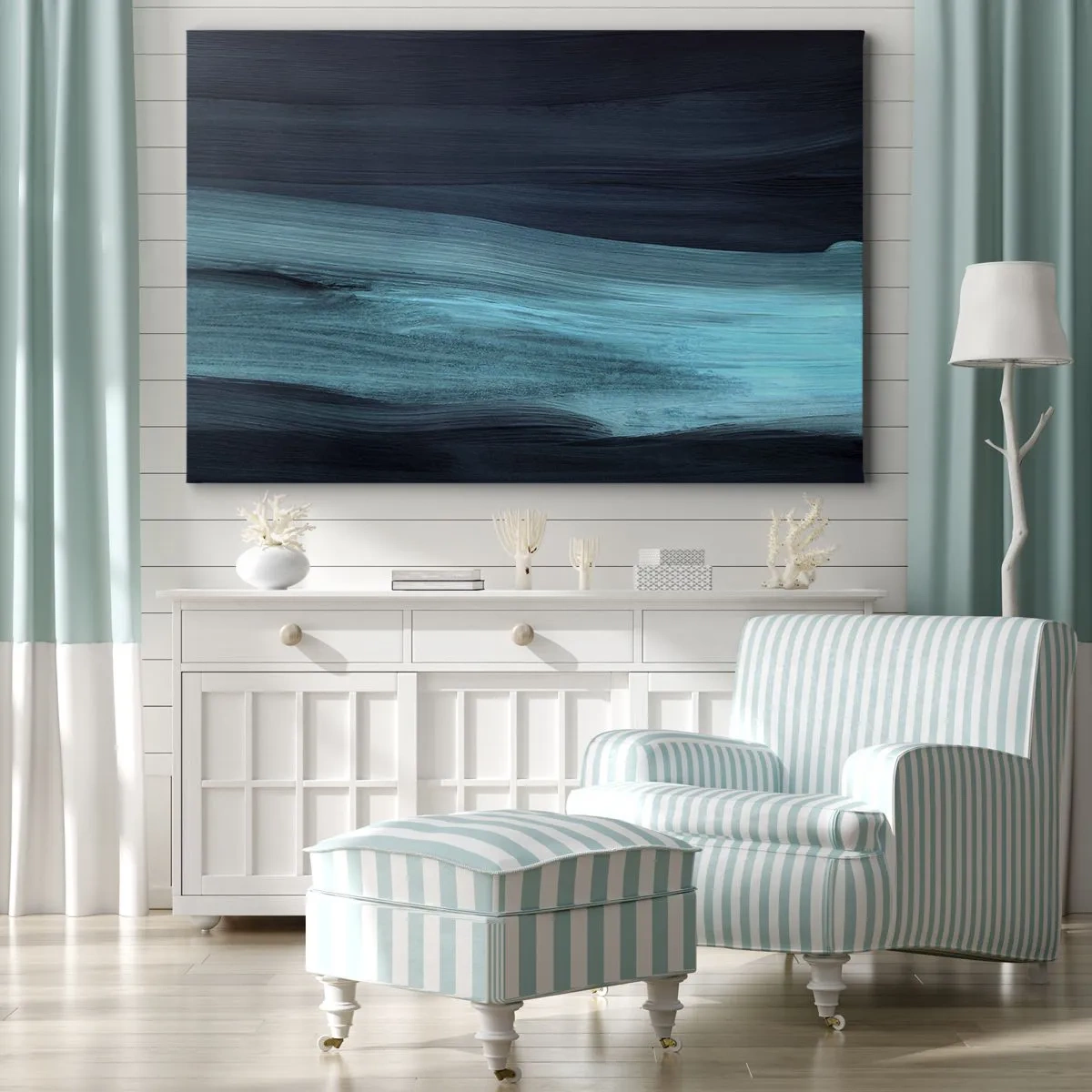 Tablou pe pânză Canvas - Valuri abstracte subtile în nuanțe închise de albastru - 70x50cm - Du-te cu fluxul - Decorațiune modernă pentru perete pentru living și dormitor ARTTOR