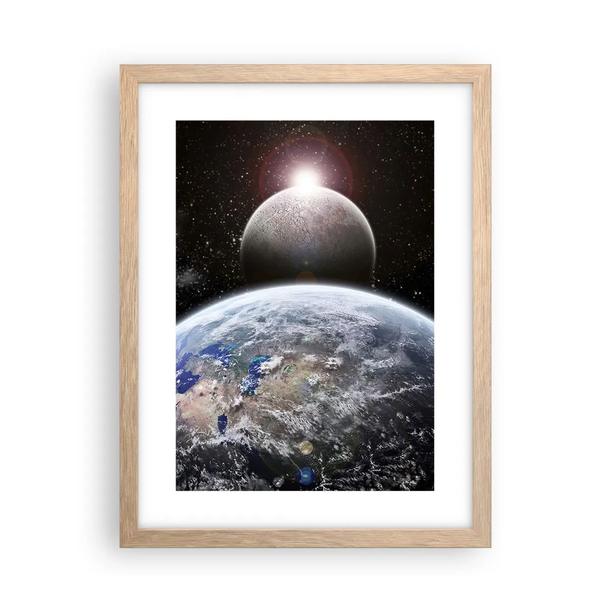 Poster în ramă de stejar deschis - Peisaj cosmic - răsărit de soare - 30x40 cm