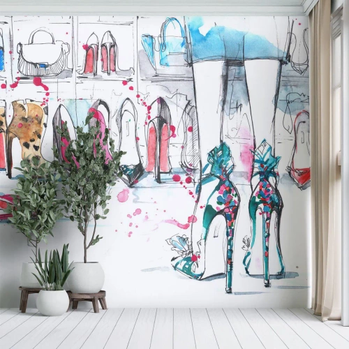 Tapet Standard Eco - Ilustrație artistică a pantofilor și a picioarelor unei femei într-un dressing - 100x70cm - Sesam, deschide-te - Decorațiune modernă pentru perete pentru living și dormitor ARTTOR