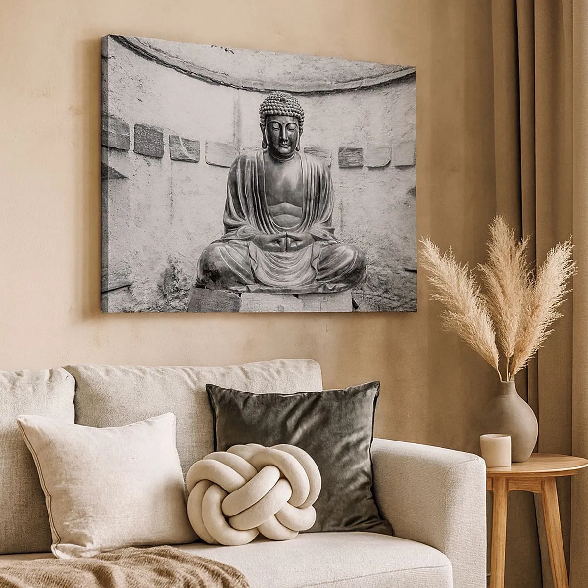 Tablou pe pânză Canvas - Statuie a lui Buddha în alb și negru într-o poză meditativă - 70x50cm - La sursa păcii - Decorațiune modernă pentru perete pentru living și dormitor ARTTOR