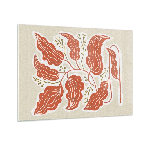 Tablou pe sticlă - Frunze de coral cu model popular pe fundal deschis - 70x50cm - Folk și coral - Decorațiune modernă pentru perete pentru living și dormitor ARTTOR