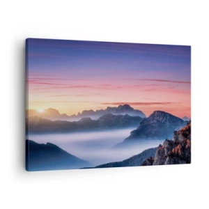 Tablou pe pânză Canvas - Peisaj montan la răsărit cu ceață în văi - 70x50cm - Peste văi - Decorațiune modernă pentru perete pentru living și dormitor ARTTOR