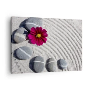 Tablou pe pânză Canvas - Pietre și o floare roz pe nisip în stil zen - 70x50cm - Energia și liniștea cercului magic al naturii - Decorațiune modernă pentru perete pentru living și dormitor ARTTOR