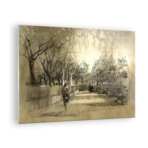 Tablou pe sticlă - Un desen al unui parc cu alei și oameni care se plimbă - 70x50cm - Un moment reținut cu pene - Decorațiune modernă pentru perete pentru living și dormitor ARTTOR