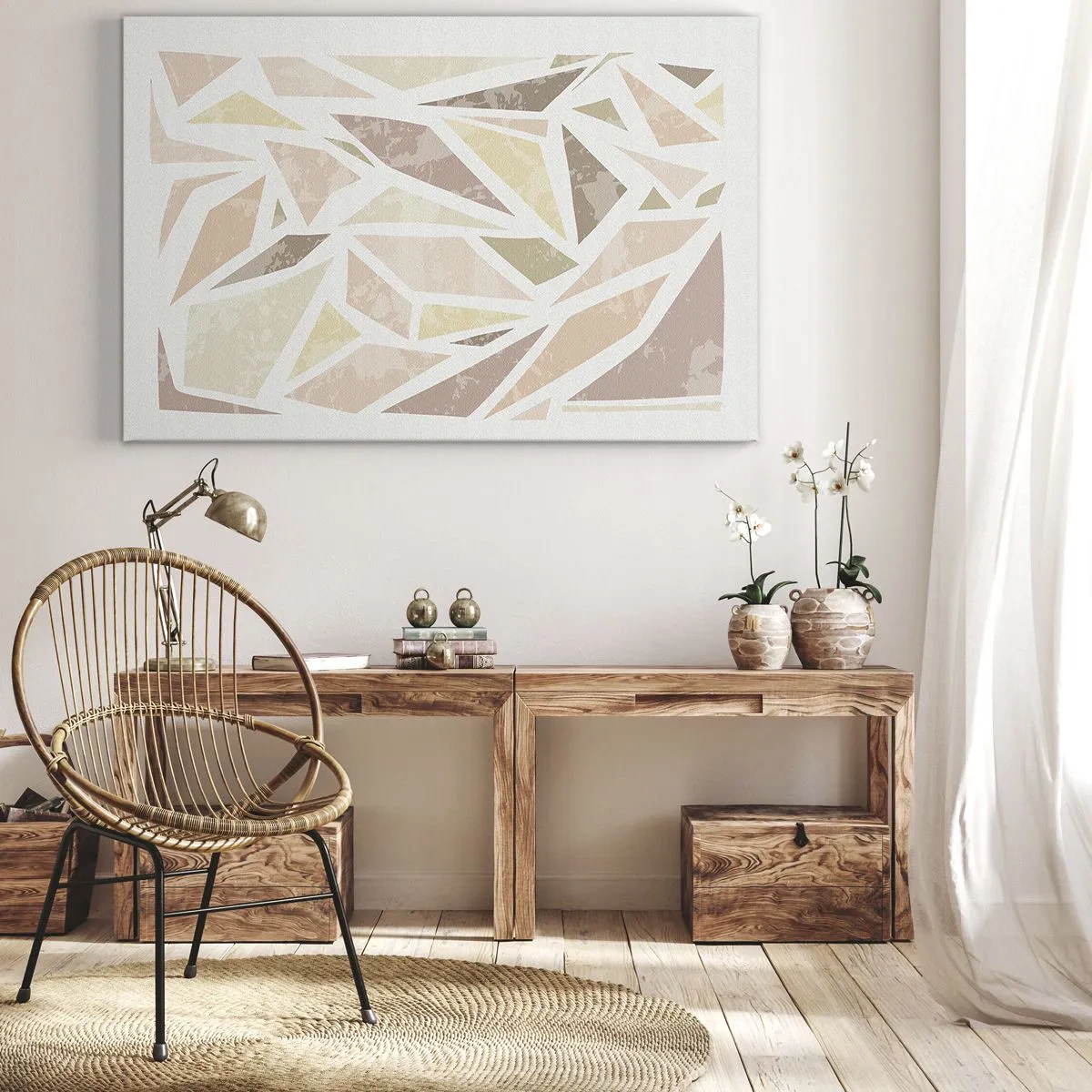 Tablou pe pânză Canvas - Forme geometrice abstracte în culori pastelate - 70x50cm - Compoziție de vitralii - Decorațiune modernă pentru perete pentru living și dormitor ARTTOR
