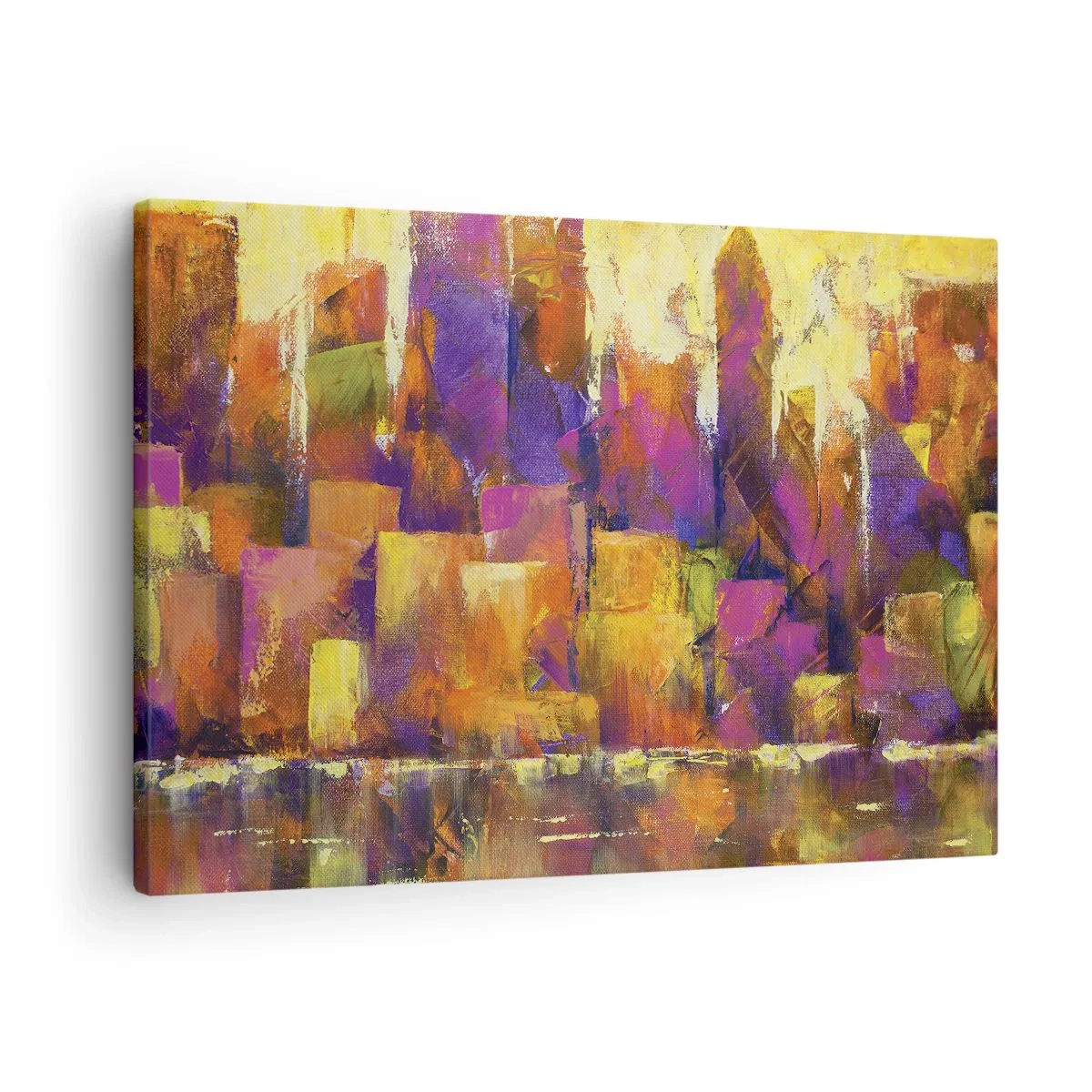 Tablou pe pânză Canvas - Compoziție abstractă a unei metropole în nuanțe de galben și violet - 70x50cm - Compoziția metropolitană - Decorațiune modernă pentru perete pentru living și dormitor ARTTOR