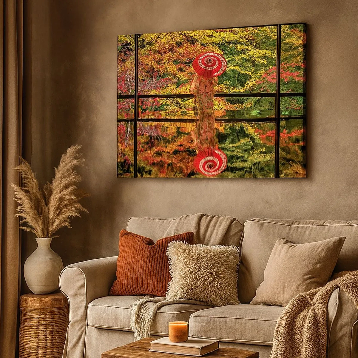 Tablou pe pânză Canvas - O femeie într-un kimono cu o umbrelă pe fundalul unui peisaj de toamnă. - 70x50cm - În templul naturii - Decorațiune modernă pentru perete pentru living și dormitor ARTTOR