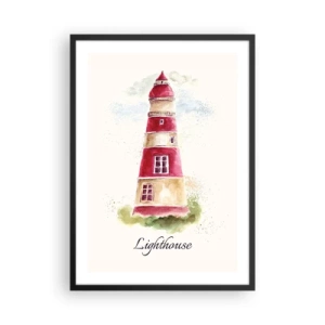 Poster în ramă neagră - Ilustrație în acuarelă a unui far pe un fundal deschis - 50x70cm - Întotdeauna vreme bună - Decorațiune modernă pentru perete pentru living și dormitor ARTTOR