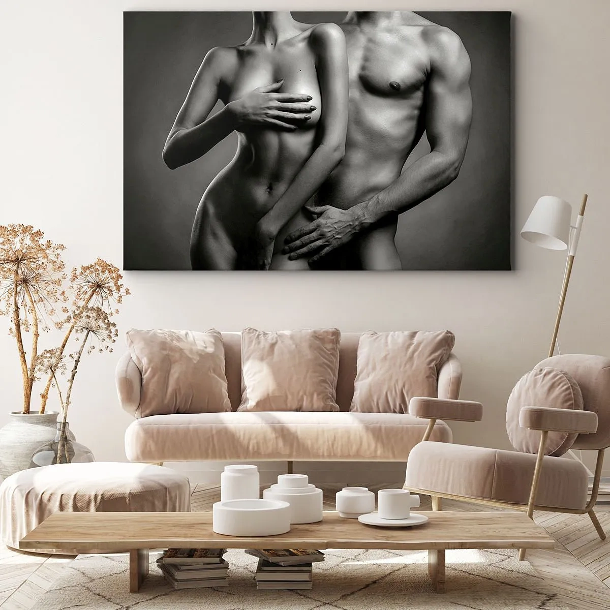Tablou pe pânză Canvas - Reprezentare alb-negru a corpurilor feminine și masculine într-o poză artistică - 70x50cm - Adam și Eva - Decorațiune modernă pentru perete pentru living și dormitor ARTTOR