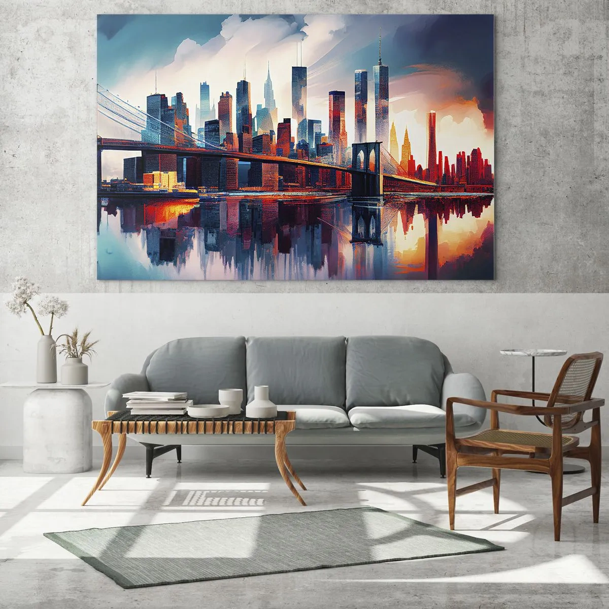 Tablou pe sticlă - Panoramă a orașului cu un pod pe fundalul cerului colorat și reflexie în apă - 70x50cm - New York fenomenal - Decorațiune modernă pentru perete pentru living și dormitor ARTTOR
