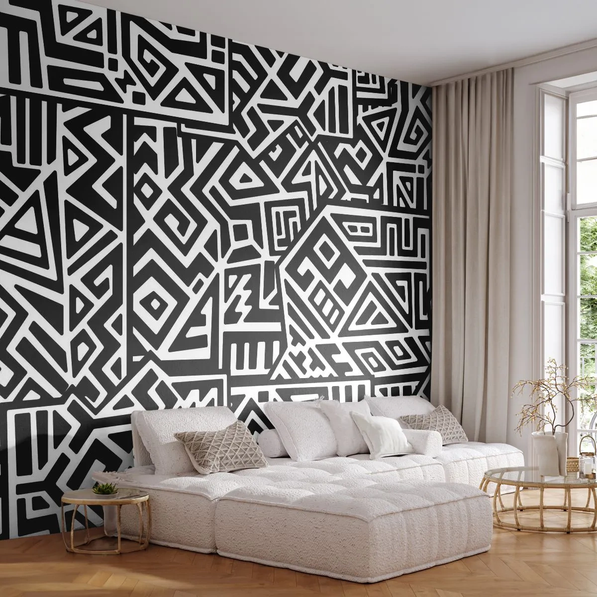 Tapet Premium Sand - Compoziție precolumbiană - Abstracția, Bucată, alb-negru - 350x256 cm