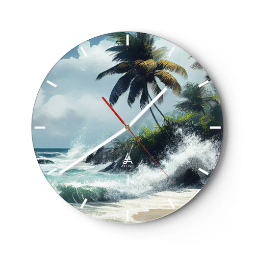 Ceas de perete - Ceas pe sticlă - Plajă tropicală cu palmieri și valuri oceanice care se sparg - 30x30cm - Pe un țărm tropical - Decorațiune modernă pentru perete pentru living, bucătărie și dormitor ARTTOR