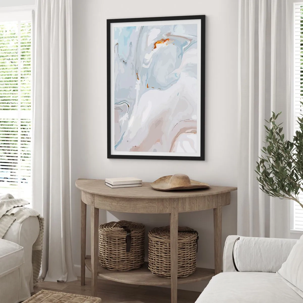 Poster în ramă neagră - Model de marmură în nuanțe de albastru cu accente aurii - 50x70cm - Albul ridicat - Decorațiune modernă pentru perete pentru living și dormitor ARTTOR