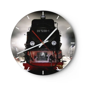 Ceas de perete - Ceas pe sticlă - O locomotivă cu aburi în stil retro înconjurată de ceață - 30x30cm - Stă și pufuie, geme și suflă... - Decorațiune modernă pentru perete pentru living, bucătărie și dormitor ARTTOR