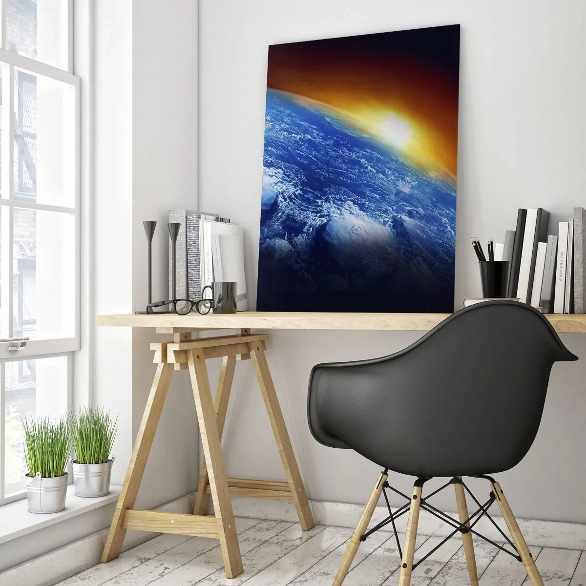 Tablou pe sticlă - Răsărit de soare deasupra planetei albastre - 50x70 cm