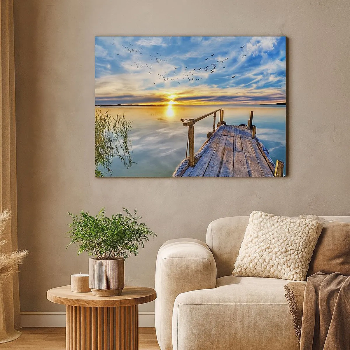 Tablou pe pânză Canvas - ponton de lemn peste lac la apus - 70x50cm - Vântul se odihnește - Decorațiune modernă pentru perete pentru living și dormitor ARTTOR