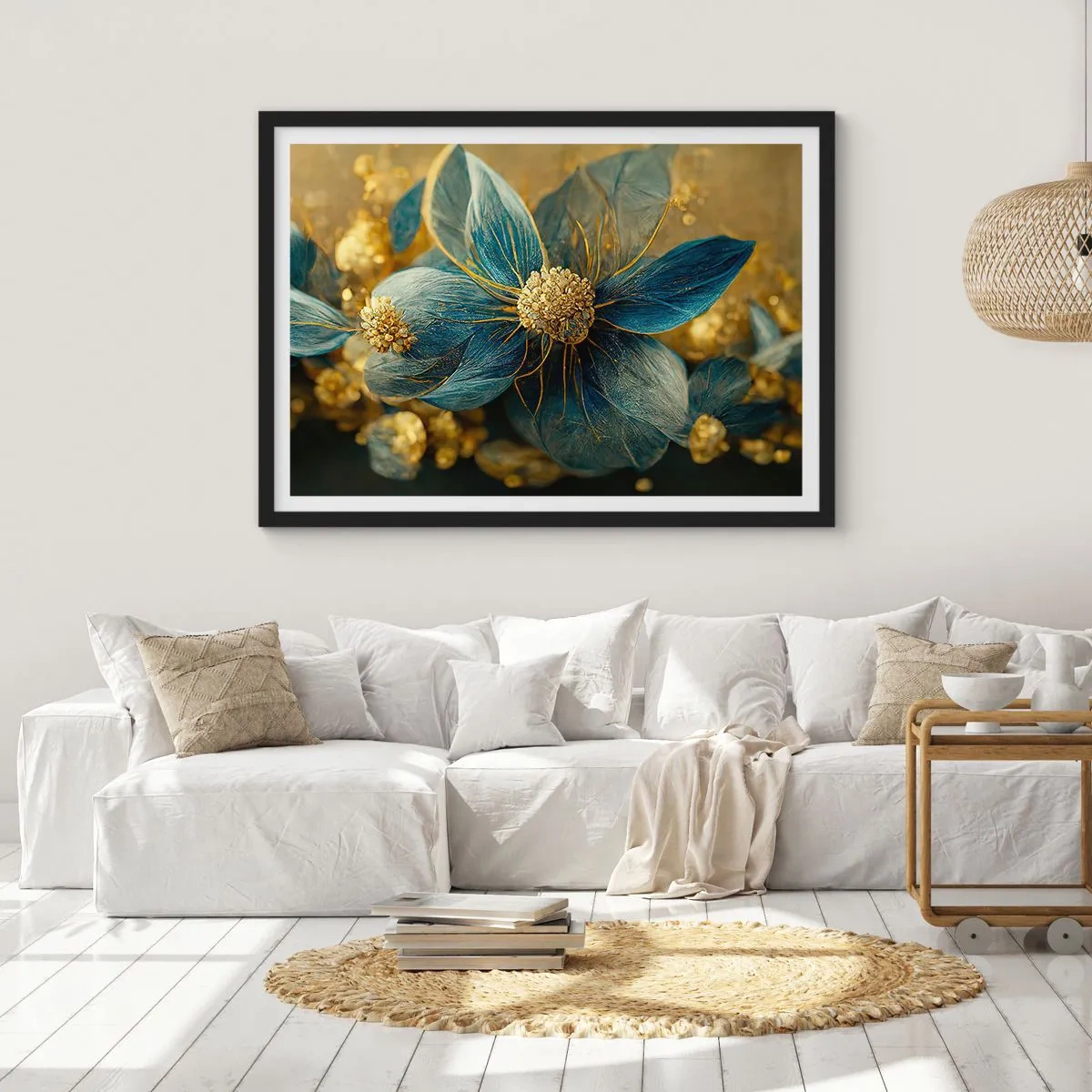 Poster în ramă neagră - Floare cu aur - 50x40 cm