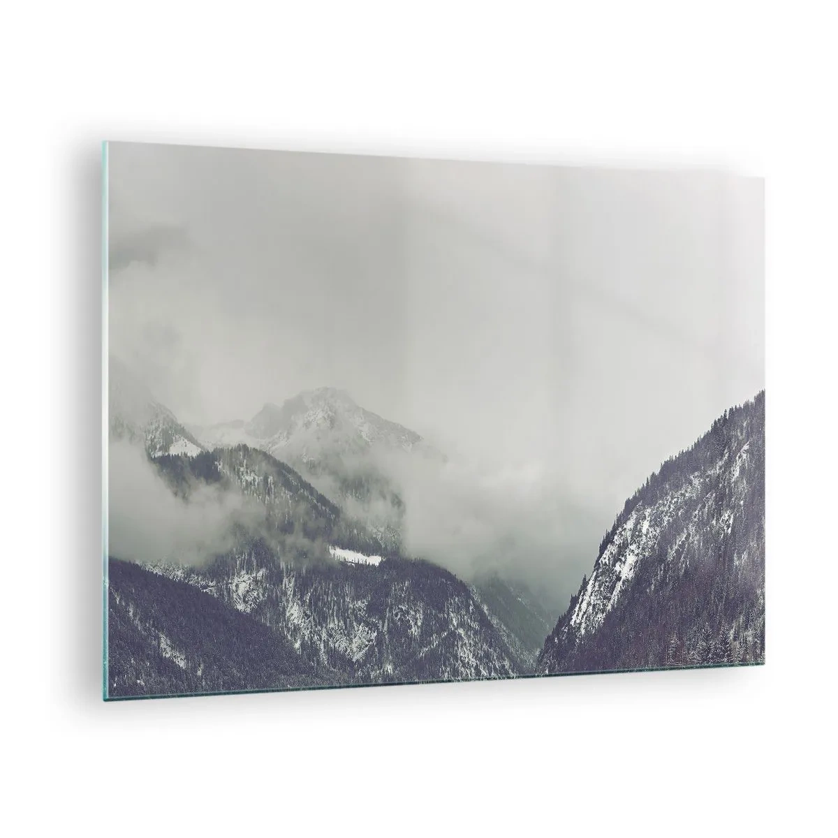 Tablou pe sticlă - O vale de munte în ceață în nuanțe de gri - 70x50cm - Valea cețoasă - Decorațiune modernă pentru perete pentru living și dormitor ARTTOR