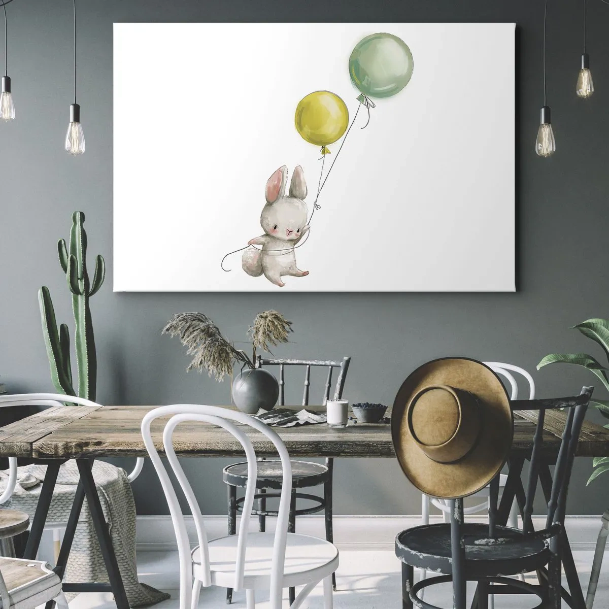 Tablou pe pânză Canvas - Un iepure care ține baloane în culori pastelate - 70x50cm - Voi zbura și eu! - Decorațiune modernă pentru perete pentru living și dormitor ARTTOR