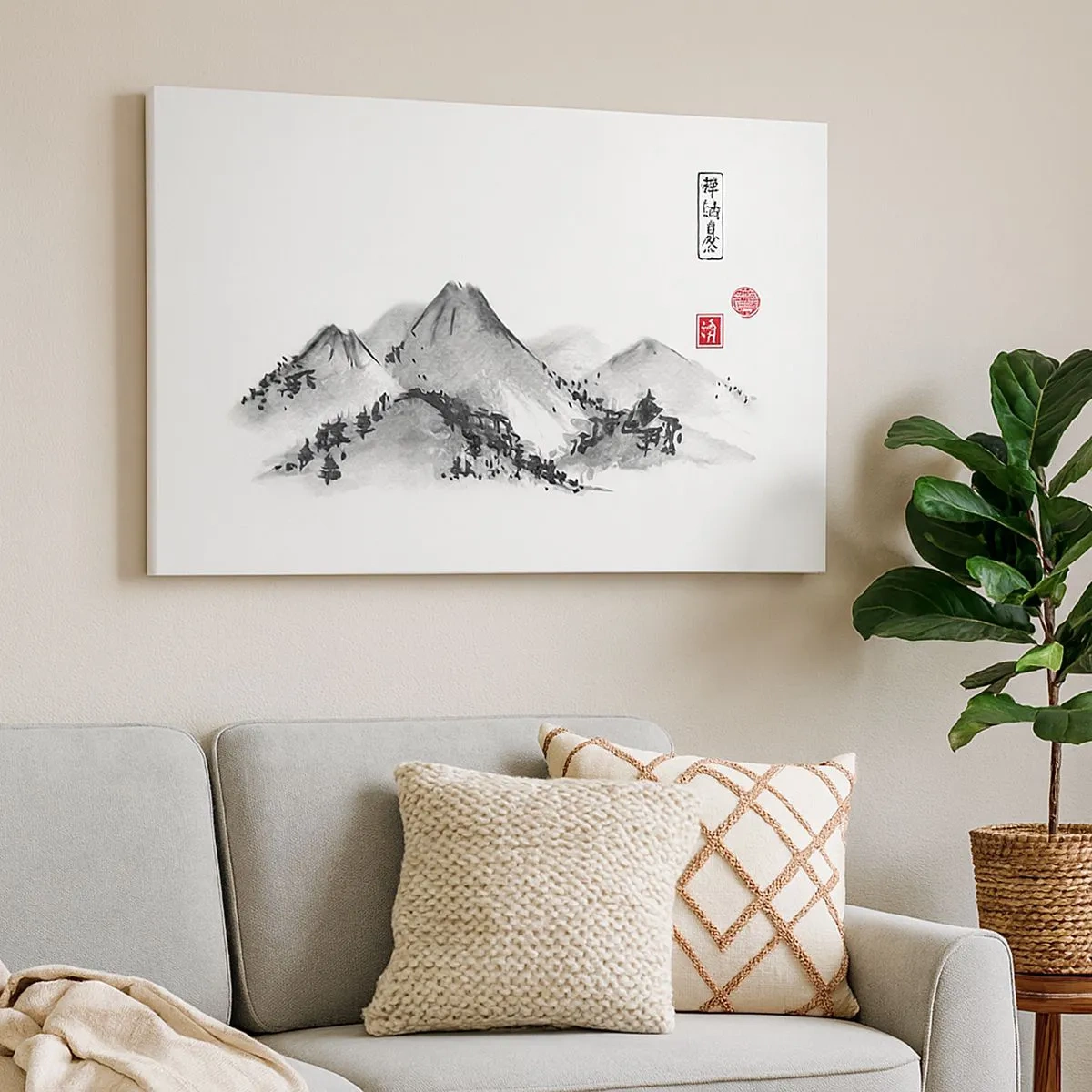 Tablou pe pânză Canvas - Peisaj montan tradițional în stilul picturii japoneze cu cerneală - 70x50cm - Dincolo de dealuri - Decorațiune modernă pentru perete pentru living și dormitor ARTTOR