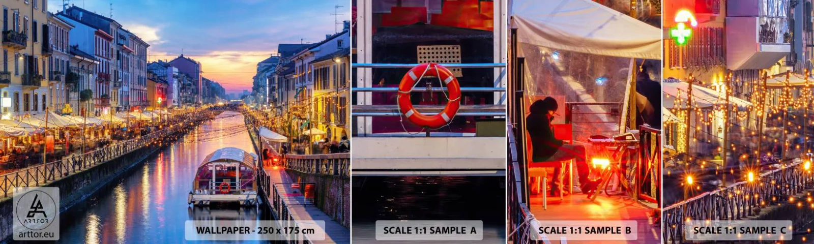 Mostră tapet autocolant Deluxe Sticker - O seară de lumină și distracție - Oraș, Milano, Italia - 100x30 cm