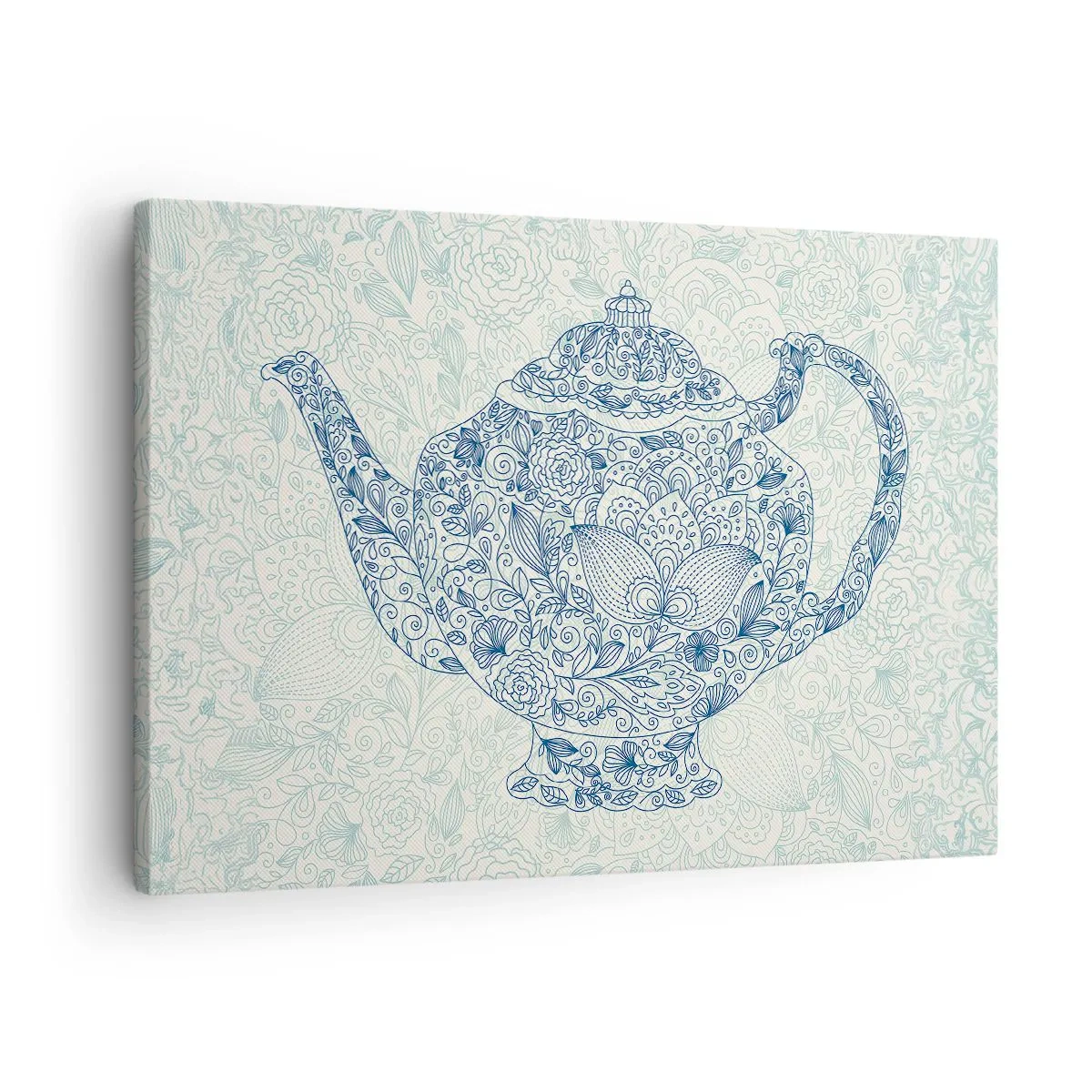 Tablou pe pânză Canvas - Desen decorativ al unui ceainic cu ornamente albastre - 70x50cm - Farmecul ceaiului - Decorațiune modernă pentru perete pentru living și dormitor ARTTOR