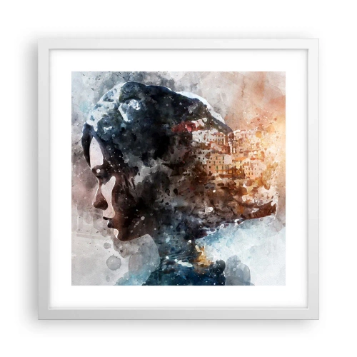 Poster în ramă albă - Povestea unei fete cu un oraș în fundal - 40x40 cm