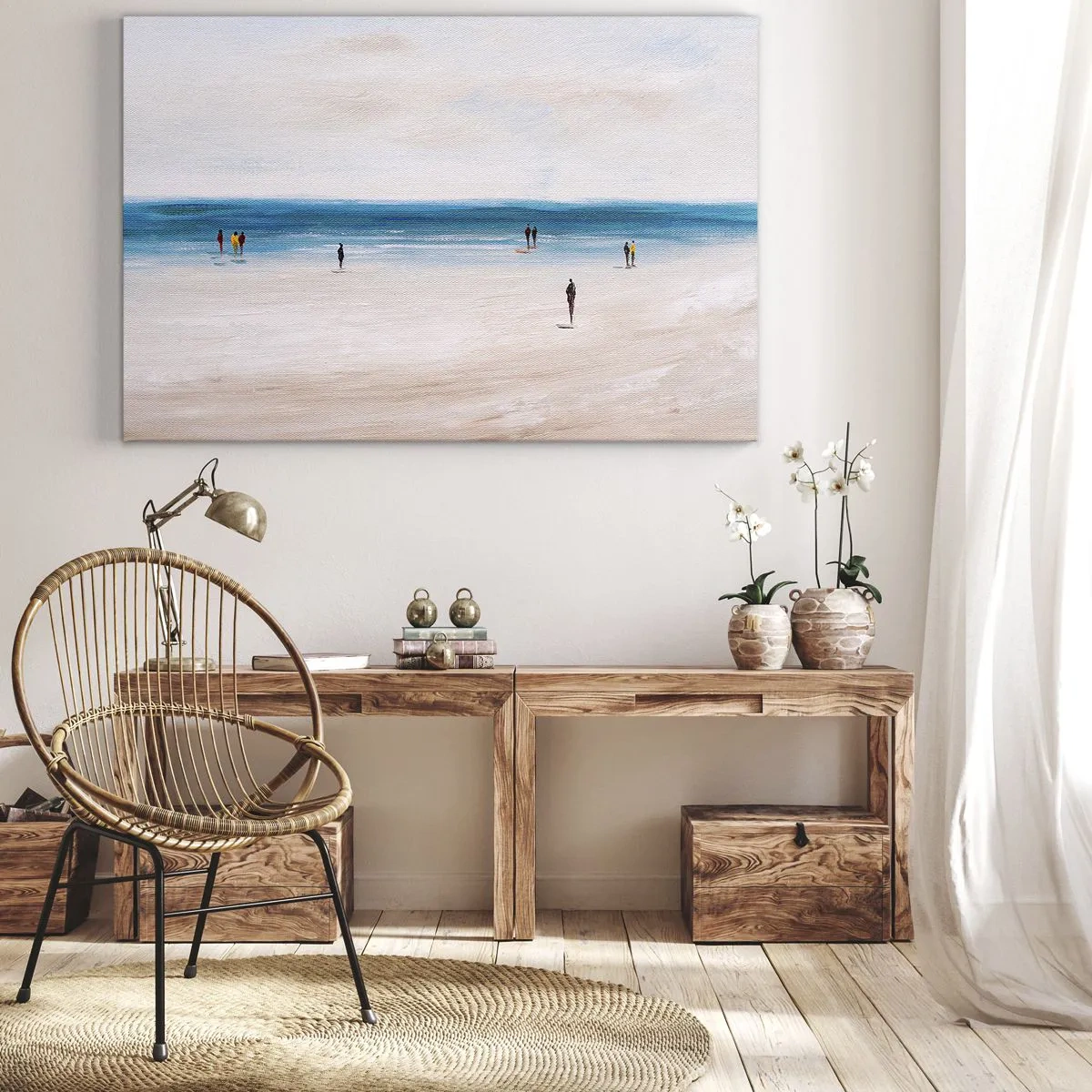 Tablou pe pânză Canvas - O plajă cu oameni pe fundalul unei mări calme - 70x50cm - Nevoia naturală - Decorațiune modernă pentru perete pentru living și dormitor ARTTOR