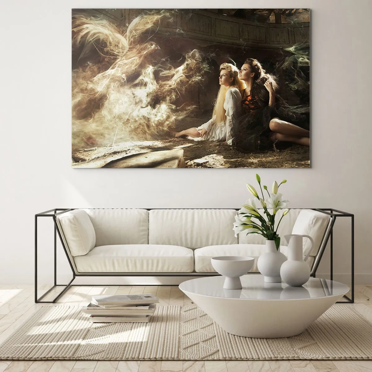 Tablou pe sticlă - Două femei cu o pasăre phoenix înflăcărată într-un cadru magic - 70x50cm - Și poezia s-a născut - Decorațiune modernă pentru perete pentru living și dormitor ARTTOR