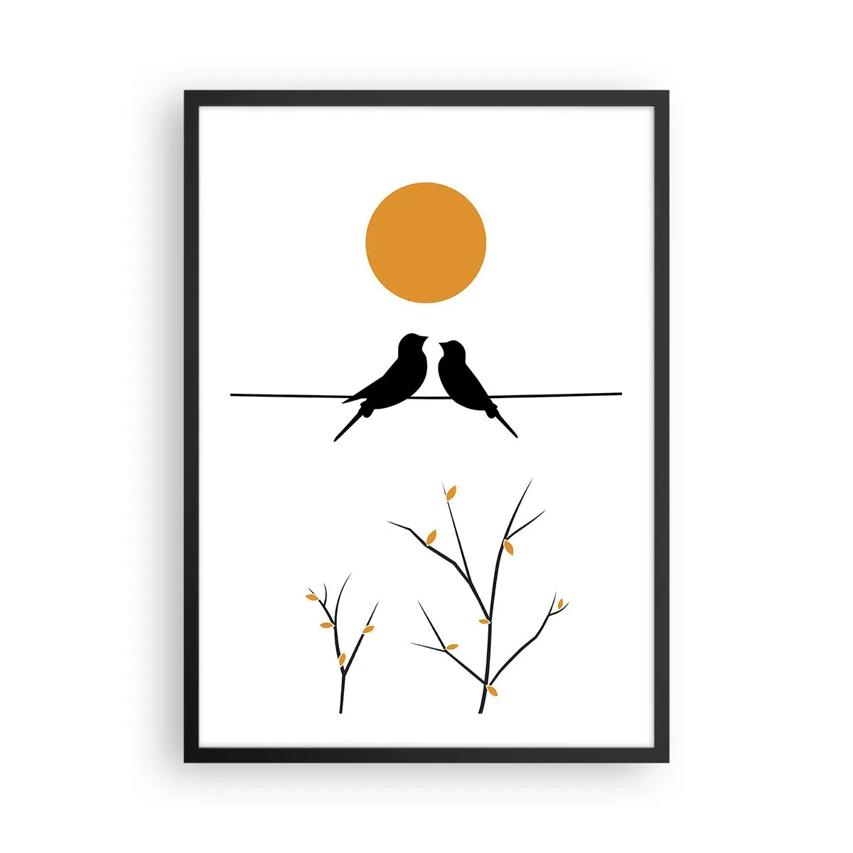 Poster în ramă neagră - Două păsări pe o creangă cu un soare portocaliu în fundal - 50x70cm - Seară cu privighetori - Decorațiune modernă pentru perete pentru living și dormitor ARTTOR