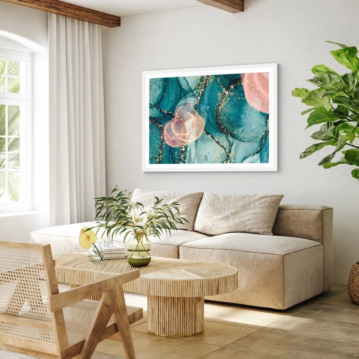 Poster în ramă albă - Mătase albastră, tul roz - 70x50 cm