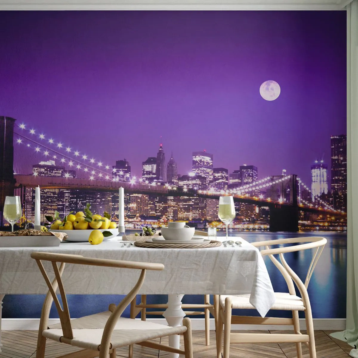 Tapet Premium Canvas - Luminile marelui oraș în mov - Oraș, New York, Podul Brooklyn - 300x210 cm
