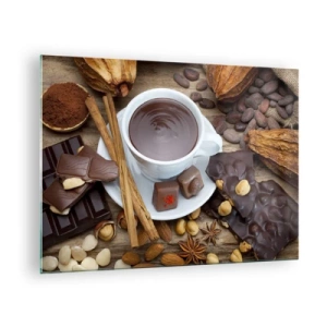 Tablou pe sticlă - O ceașcă de ciocolată caldă cu toppinguri pe un fundal rustic - 70x50cm - De la fabrica de ciocolată de basm - Decorațiune modernă pentru perete pentru living și dormitor ARTTOR