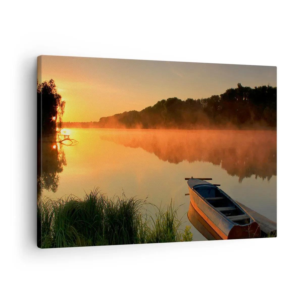 Tablou pe pânză Canvas - Ceață de dimineață peste râu cu o barcă în razele soarelui - 70x50cm - Răsăritul soarelui peste apă ca un strat de oglindă - Decorațiune modernă pentru perete pentru living și dormitor ARTTOR